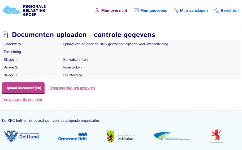 Control screen: upload documents, check data.