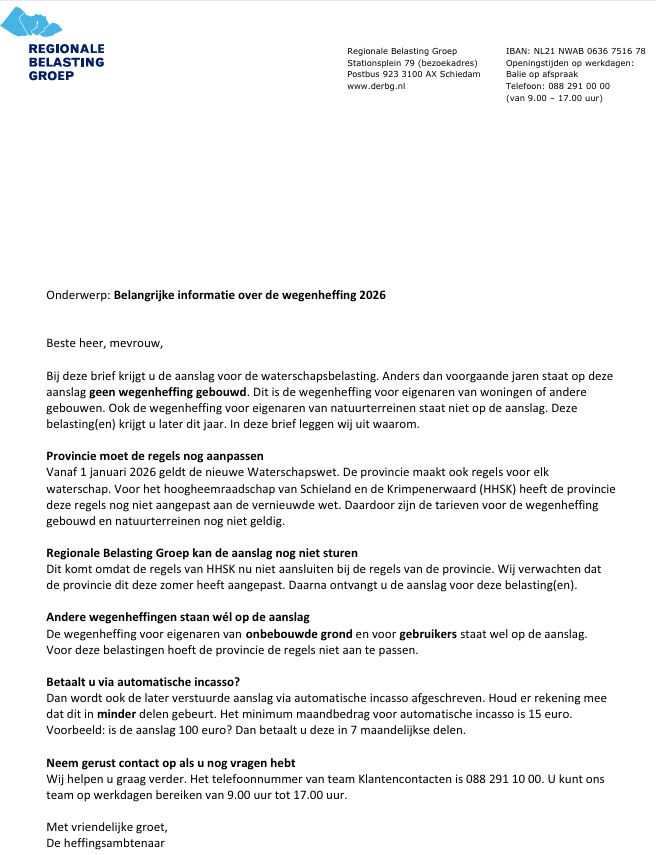 brief wegenheffing later